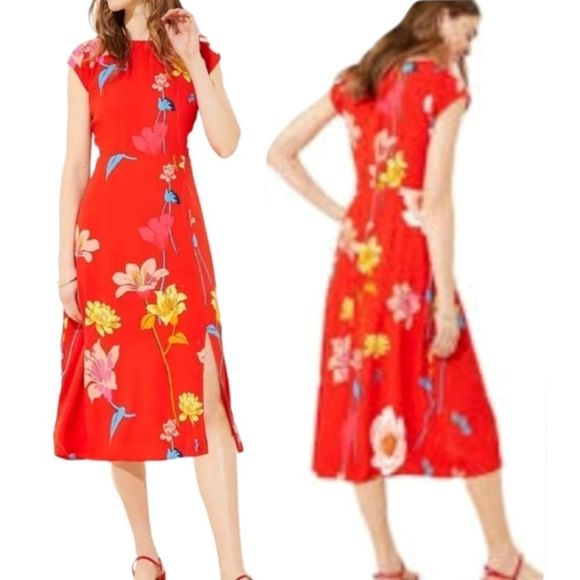 LOFT Dresses & Skirts - LOFT Orange Red Lily Floral Cap Sleeve Side Slit Midi Dress SMALL
